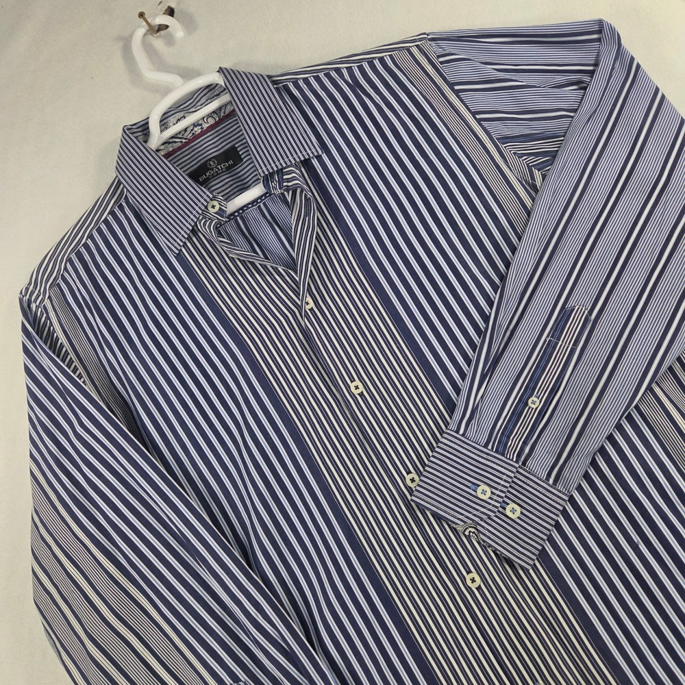 Bugatchi Uomo Mens L Blue White Striped Paisley Trim Button Up 100% Cotton Shirt